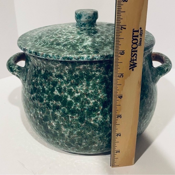 Indoor Outfitters Over And Back Teal Spongeware Bean Crock Lidded Made In Italy - Picture 3 of 9